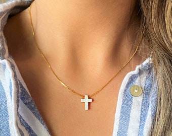 Opal Cross Necklace, Opal Cross Choker Necklace for Women, Silver Cross Pendant for Girl, Gold Cross Jewelry, First Communion, Confirmation