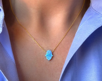 Collier Hamsa opale, collier Hamsa bleu, collier opale femme fille, collier main de Hamsa en argent sterling, main de Fatima, cadeau Bat Mitzvah
