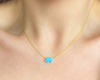 Blue Opal Elephant Necklace, Opal Elephant Choker Necklace, Elephant Gift for Girl, Opal Necklace for Women, Silver Elephant Silver Jewelry