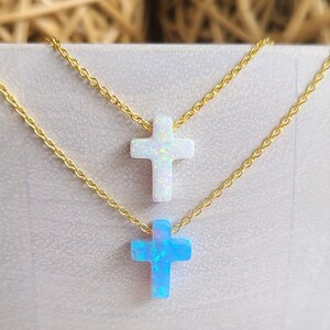 Blue White Opal Cross Necklace, Silver Opal Cross Choker Necklace for Women, Opal Cross Pendant Girl, First Communion, Confirmation Gift