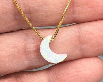 Moon Necklace, Sterling Silver Necklace, Crescent Moon, White Fire Opal, Opal Necklace for Women, White or Blue Moon Charm, Moon Jewelry