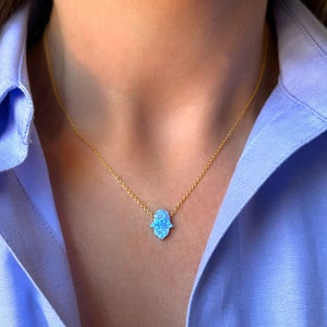 Opal Hamsa Necklace, Blue Hamsa Necklace, Opal Necklace Women Girl, Sterling Silver Hand of Hamsa Necklace, Fatima Hand, Bat Mitzvah Gift