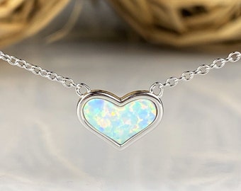 Opal Necklace, Opal Heart Necklace, 925 Sterling Silver Heart Necklace, Silver Heart Opal Necklace, Heart Pendant, Opal Necklace for Women