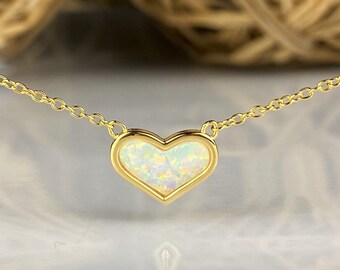 Opal Heart Necklace, Silver Heart Necklace, Gold Heart Necklace, Opal Necklace, Opal Necklace for Women, Heart Jewelry, October Birthstone