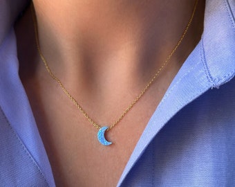 Blue Opal Moon Necklace, Sterling Silver Necklace, Crescent Moon, Silver Moon, Opal Necklace for Women, Moon Charm, Moon Jewelry, Fire Opal