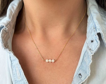 3 Pearl Necklace, Three Freshwater Pearls Necklace, Silver Pearl Necklace, Simple Pearl Necklace, Dainty Pearl Necklace for Women Mother Mom