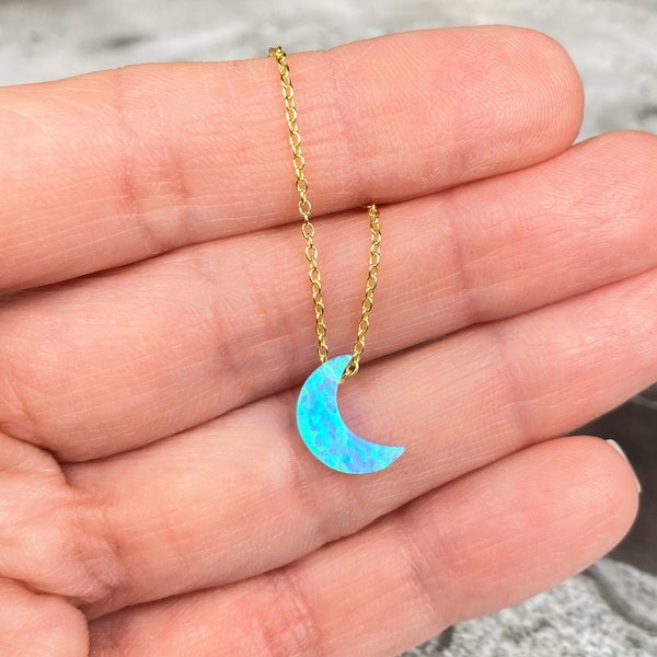 Opal Moon Necklace, Opal Necklace, Moon Necklace Choker, Crescent Moon Necklace, To the Moon and Back, Opal Necklace for Women, Blue Moon