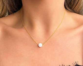 Opal Coin Necklace, White Blue Opal Necklace, Opal Choker Necklace Gift, Opal Pendant, Dainty Opal Necklace for Girl Women Daughter Sister