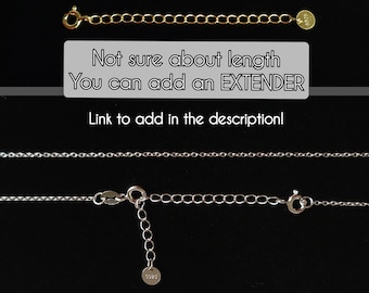 May include: Three gold chains of different lengths, each with a small round tag at the end. The text "Not sure about length You can add an EXTENDER Link to add in the description!" is displayed below the chains.