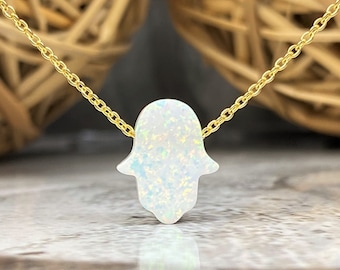 Opal Hamsa Necklace with Sterling Silver Chain, White Opal Hamsa Necklace for Women, Hand of Hamsa, Fatima Hand, Hamsa Jewelry, Gold Hamsa