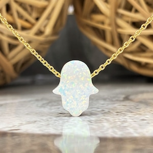 Opal Hamsa Necklace with Sterling Silver Chain, White Opal Hamsa Necklace for Women, Hand of Hamsa, Fatima Hand, Hamsa Jewelry, Gold Hamsa