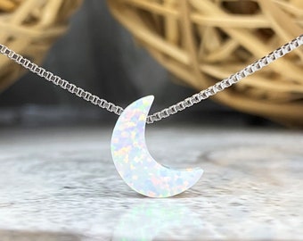 Halve maan ketting, ketting witte opaal maan, sterlingzilveren maan, vuuropaal, zilveren maan, maanbedel, opaal ketting voor vrouwen meisje