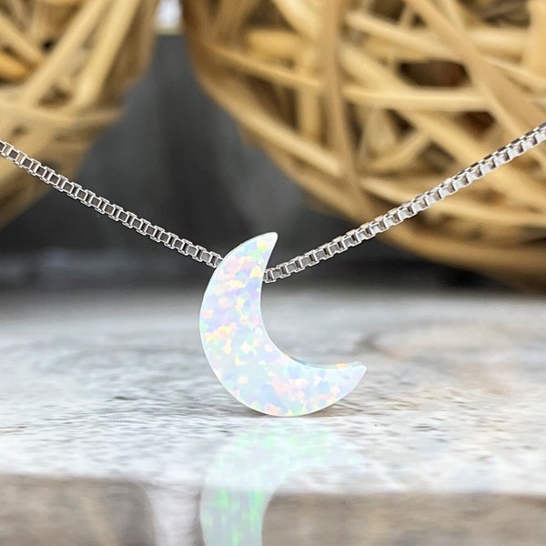 Crescent Moon Necklace, White Opal Moon Necklace, Sterling Silver Moon, Fire Opal, Silver Moon, Moon Charm, Opal Necklace for Women Girl
