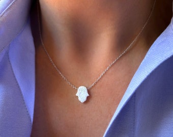 Hamsa Necklace, White Opal Hamsa Necklace, Hand of Hamsa, Fatima Hand, Silver Hamsa Necklace, Hamsa Hand, Blue Opal Hamsa, Bat Mitzvah Gift