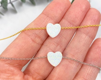 Heart Necklace, Opal Heart Necklace, Heart Choker Necklace, White Opal Necklace, Dainty Heart Necklace, Tiny Heart Gift, October Birthstone