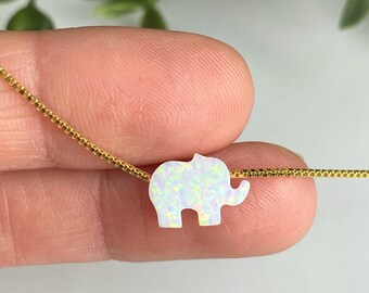 White Opal Elephant Necklace, Silver Elephant Jewelry for Her, Blue Opal Elephant Choker, Elephant Necklace Girl Women, White Elephant Gift