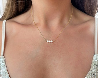 3 Pearls Necklace - Freshwater Pearl Necklace - Dainty Silver Gold Pearl Choker - Three Freshwater Pearls Necklace - Simple Pearl Necklace