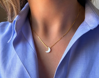 Witte maanketting, opaal maanketting, sterlingzilveren maan, maanbedel, opaalketting voor vrouwenmeisje, vuuropaal, blauwe maan, maansieraden