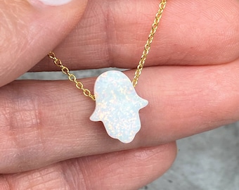 White Opal Hamsa Necklace, Hamsa Hand Necklace, Fatima Hand Necklace, Opal Necklace for Women, Silver Hamsa, Gold Hamsa, Bat Mitzvah Gift