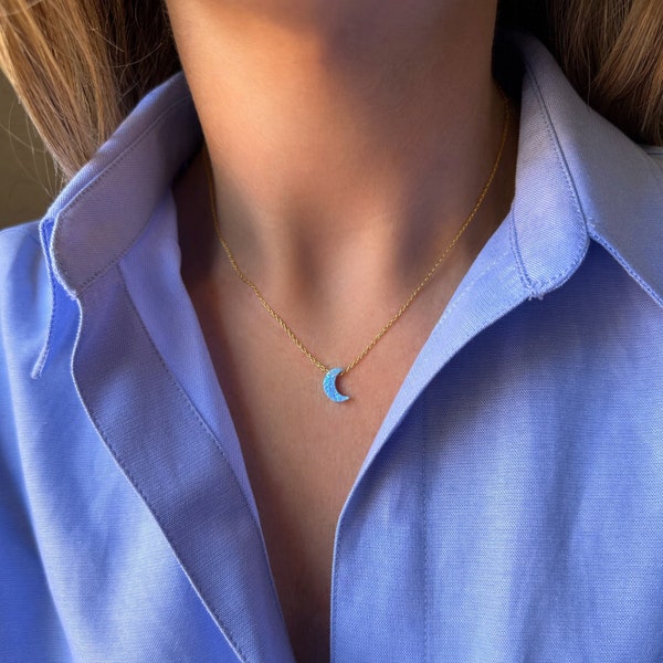 Opal Moon Necklace, Sterling Silver Necklace, Crescent Moon, Blue White Opal Necklace, Moon Charm, Silver Moon Necklace, Opal Necklace Women