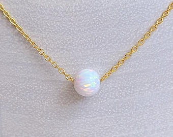 White Opal Necklace, Opal Bead Necklace, Opal Necklace for Women Girl, Tiny Dot Opal Necklace, Silver Opal Choker Necklace, Gold Blue Opal