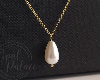 Pearl Drop Necklace, Single Pearl Necklace, Sterling Silver Gold Necklace, Shell Pearl Necklace, Bridal Necklace, Bridesmaid Necklace Gift