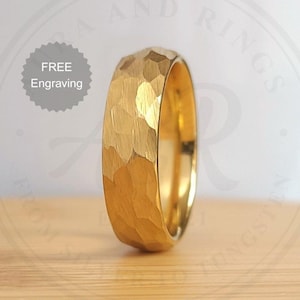 4mm 6mm 8mm Hammered Gold Wedding Band, Gold Tungsten Ring for Men Women, Hammered Gold Ring, Gold Band for Him Her, Personalized Engraving