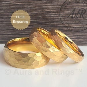 4mm 6mm 8mm Hammered Gold Wedding Band, Gold Tungsten Ring for Men Women, Hammered Gold Ring, Gold Band for Him Her, Personalized Engraving