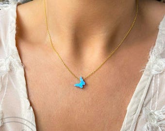 Butterfly Necklace, Blue Butterfly Necklace, Butterfly Jewelry, Opal Necklace, Gold Butterfly Gift, Anniversary Birthday, Mothers Day Gift