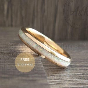 ローズゴールドとホワイトオパールの結婚指輪、ローズゴールドのタングステンカーバイドリング、ホワイトクラッシュファイヤーオパールの結婚指輪、ホワイトオパールの結婚指輪