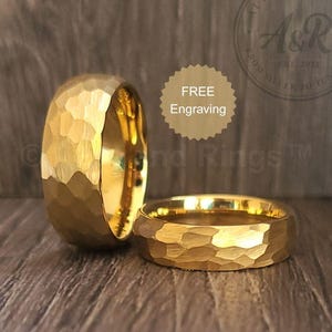 Gold Hammered Tungsten Wedding Band Ring for Men Women, Hammered Gold Ring, 4mm 6mm 8mm Wedding Band for Him Her, Personalized Engraving