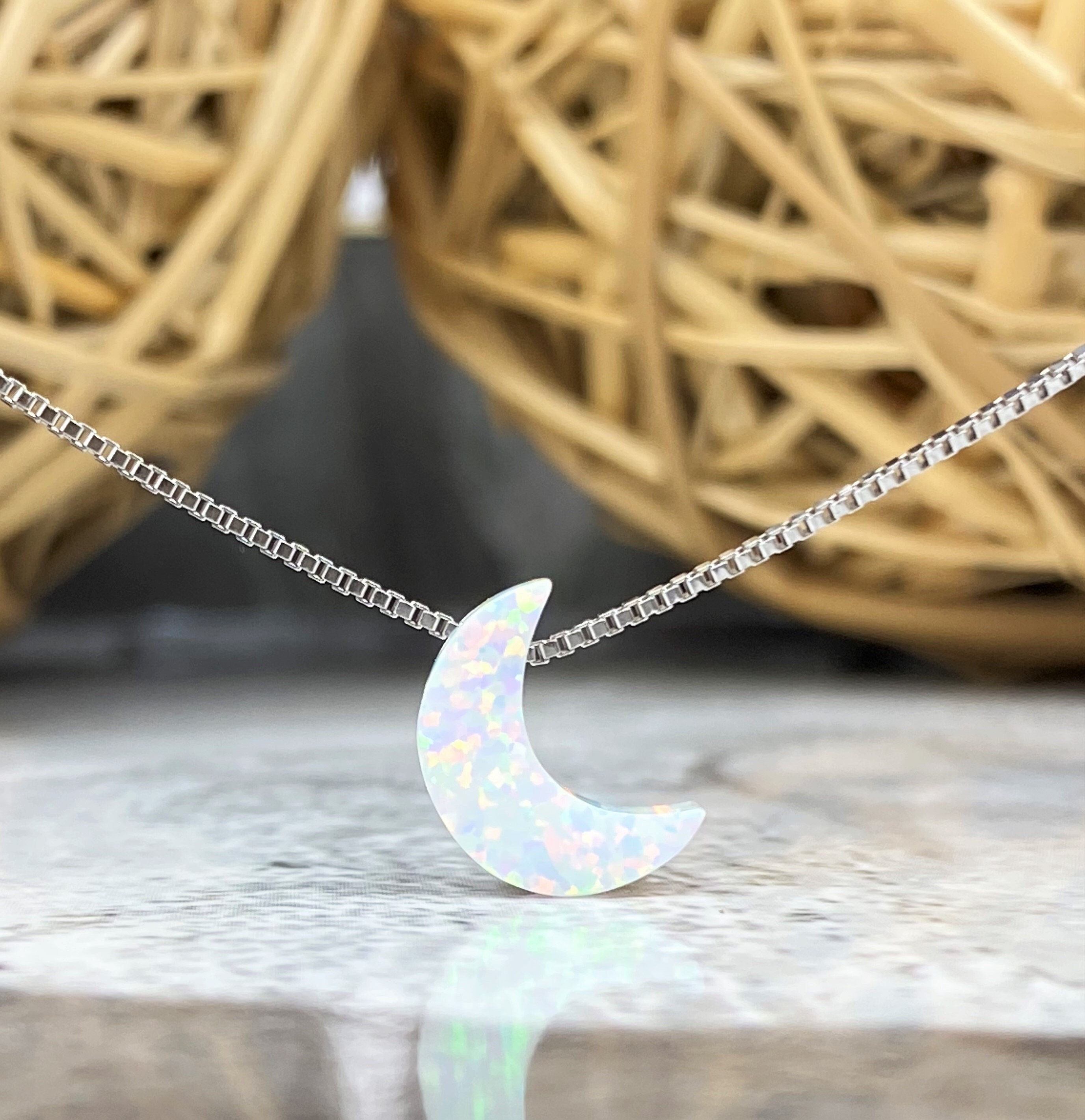 Crescent Moon Necklace, White Opal Moon Necklace, Sterling Silver Moon ...