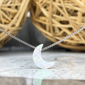Opal Moon Necklace, Sterling Silver Necklace, Crescent Moon, Blue White ...
