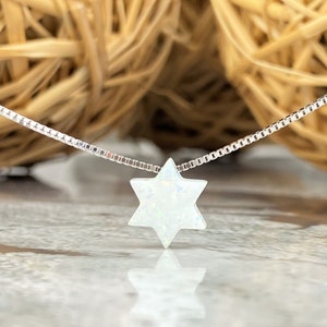 May include: A silver chain necklace with a white opal Star of David pendant.