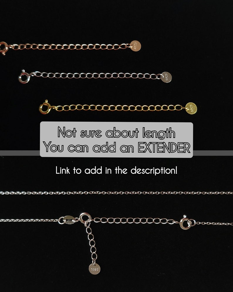 May include: Three silver chains of different lengths, with a clasp and a small tag at the end of each chain. The text "Not sure about length You can add an EXTENDER Link to add in the description!" is written below the chains.
