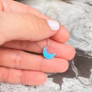 Opal Moon Necklace, Sterling Silver Necklace, Crescent Moon, Blue White ...