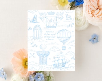 Catholic Baptism Card, Pilgrimage French Toile Greeting Card