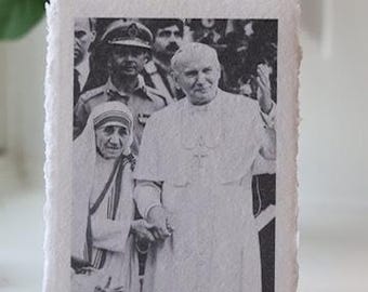 Mother Theresa and Saint Pope John Paul on Deckled-edge Handmade Paper Sacred Art Print