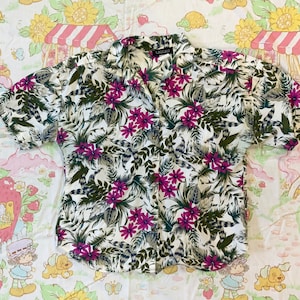 Vintage 80&#39;s Cascais of California floral button up shirt blouse shoulder pads hawaiian vacation 80s retro summer tiki