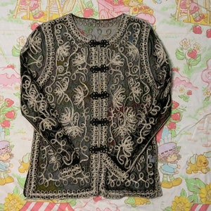 ヴィンテージ 80 年代 / 90 年代 ゴールド ブラック ニット 刺繍 カーディガン アウターウェア オリエンタル チャイニーズ