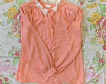 Vintage 80's Korrigan baby pink blouse lace trim collar button up lolita cute angel