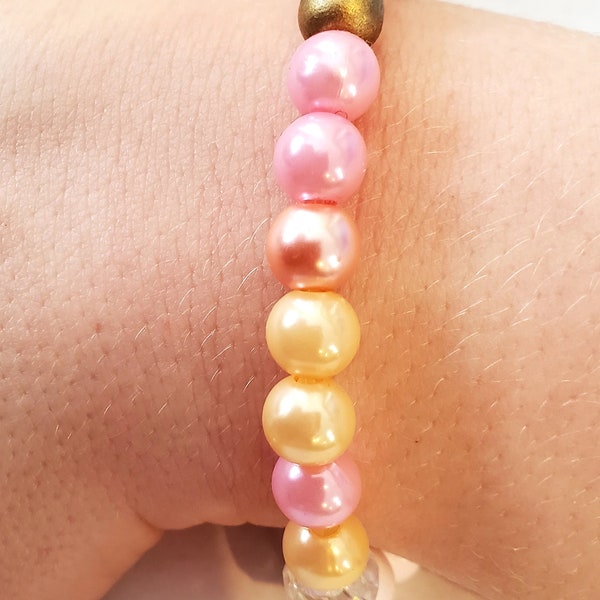 Handmade Beaded Bracelet | Pastel Pearl Stretch Bangle | Pink White Gold Fashion | Valentine's Gift for 6.5" Wrist | Romantic Jewelry Gift