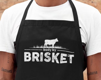 Body By Brisket, Cow Print Funny Apron for Men, Chef Apron with Pockets, Mens BBQ Apron, BBQ Accessories, Christmas Grilling Gifts for Dad