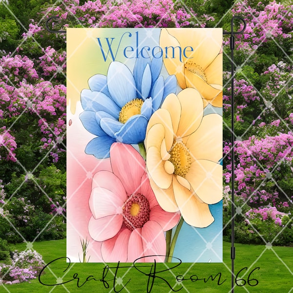 Welcome Floral Decorative Garden Flag|Blue Yellow Pink Flower|Garden Decor|Welcome|Yard Art|Garden Gift|Handmade Garden Flags