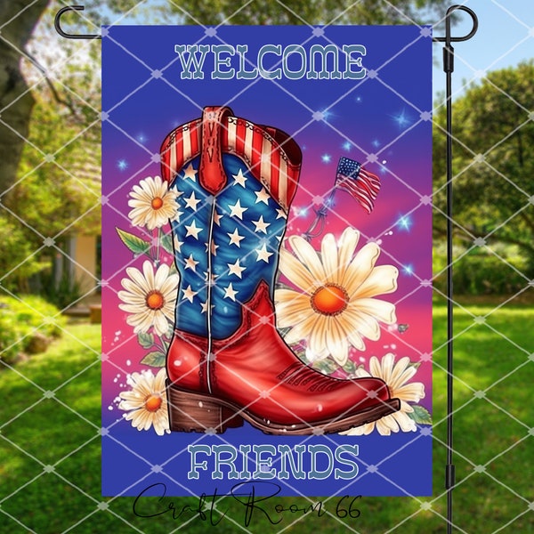 Welcome Friends Cowboy Boot Decorative Garden Flag|Flowers|Patriotic|Yard Art|Garden Decor Outside Decor|Country Decor
