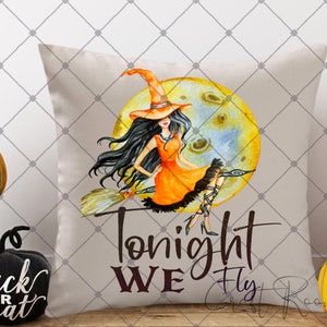 Halloween Tonight We Fly Decorative|Witch|Broom|Moon|Halloween Decor|Spooky Season Decor|Halloween Pillow|Spooky Pillow
