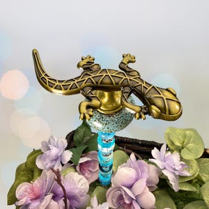 Brass Gecko Garden Stake, Ceramic Knob Base, Beaded Garden Art