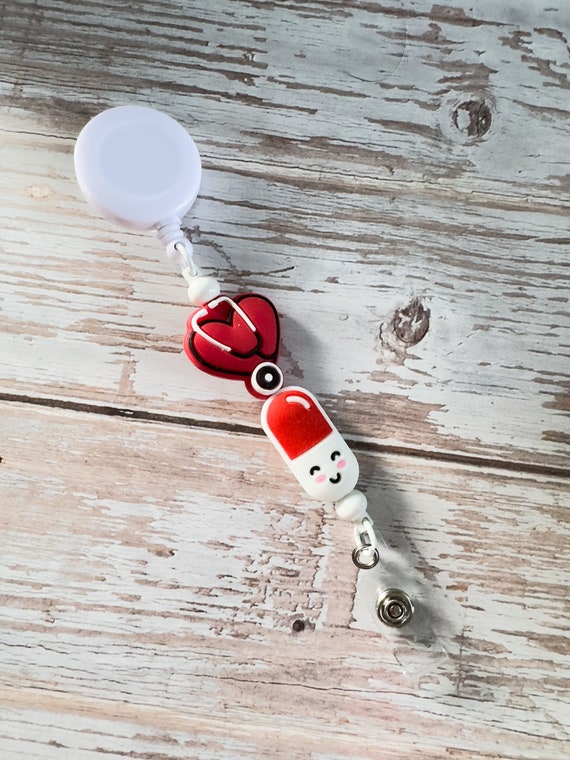 Badge Reel (White) - Red Heart Shaped Stethoscope 
