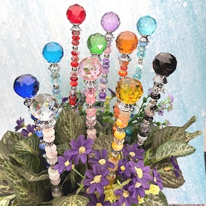 Fairy Garden Suncatcher Stakes – 15” Beaded Plant Decor with Crystal Disco Ball Topper