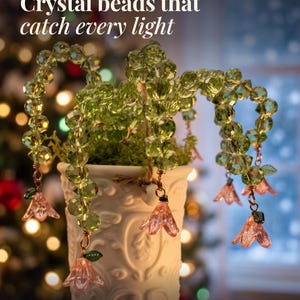 Crystal Beaded Plant with Bellflowers, Hanging Spider Plant Suncatcher, Faux Christmas Cactus in Ceramic Pot, Beaded Hanging Plant Gift